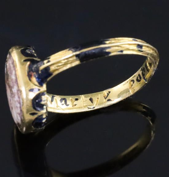 A rare mid 17th century enamelled gold oval memorial ring for Charles I (1600-1649), finger size K.